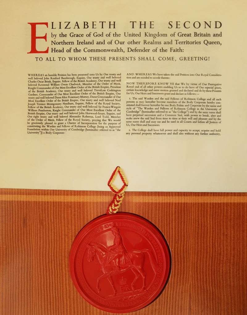 Royal Charter founding Robinson College, with Great Seal of Elizabeth II attached