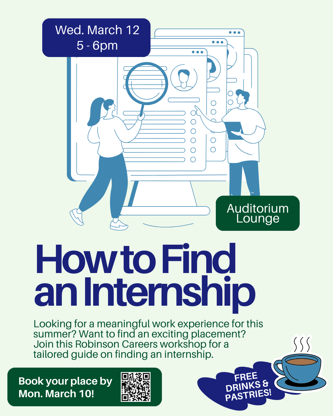Promotional flyer for How to Find an Internship event in blue and green.