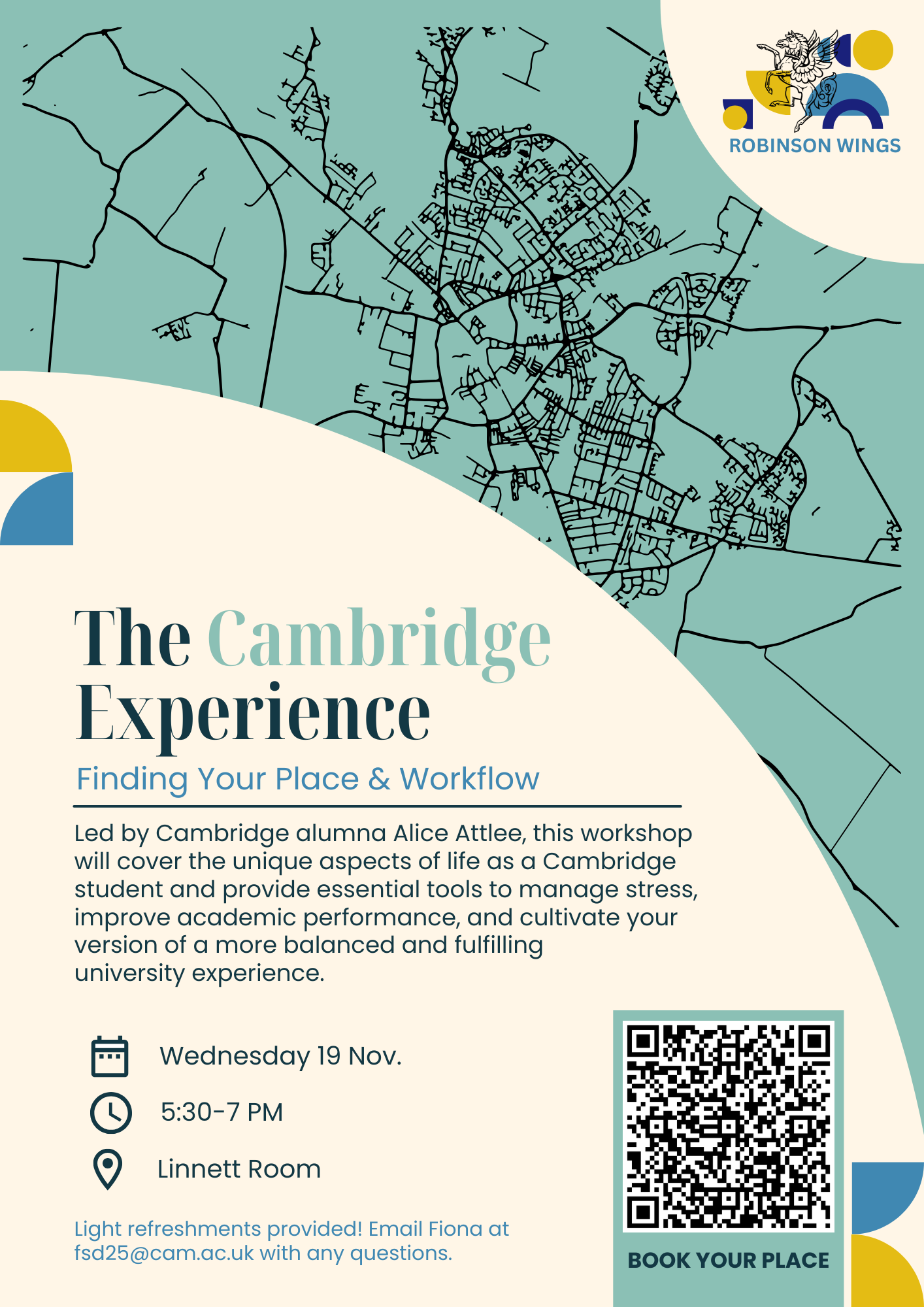 Flyer for Cambridge Experience event with outline map of Cambridge city over Cambridge blue background