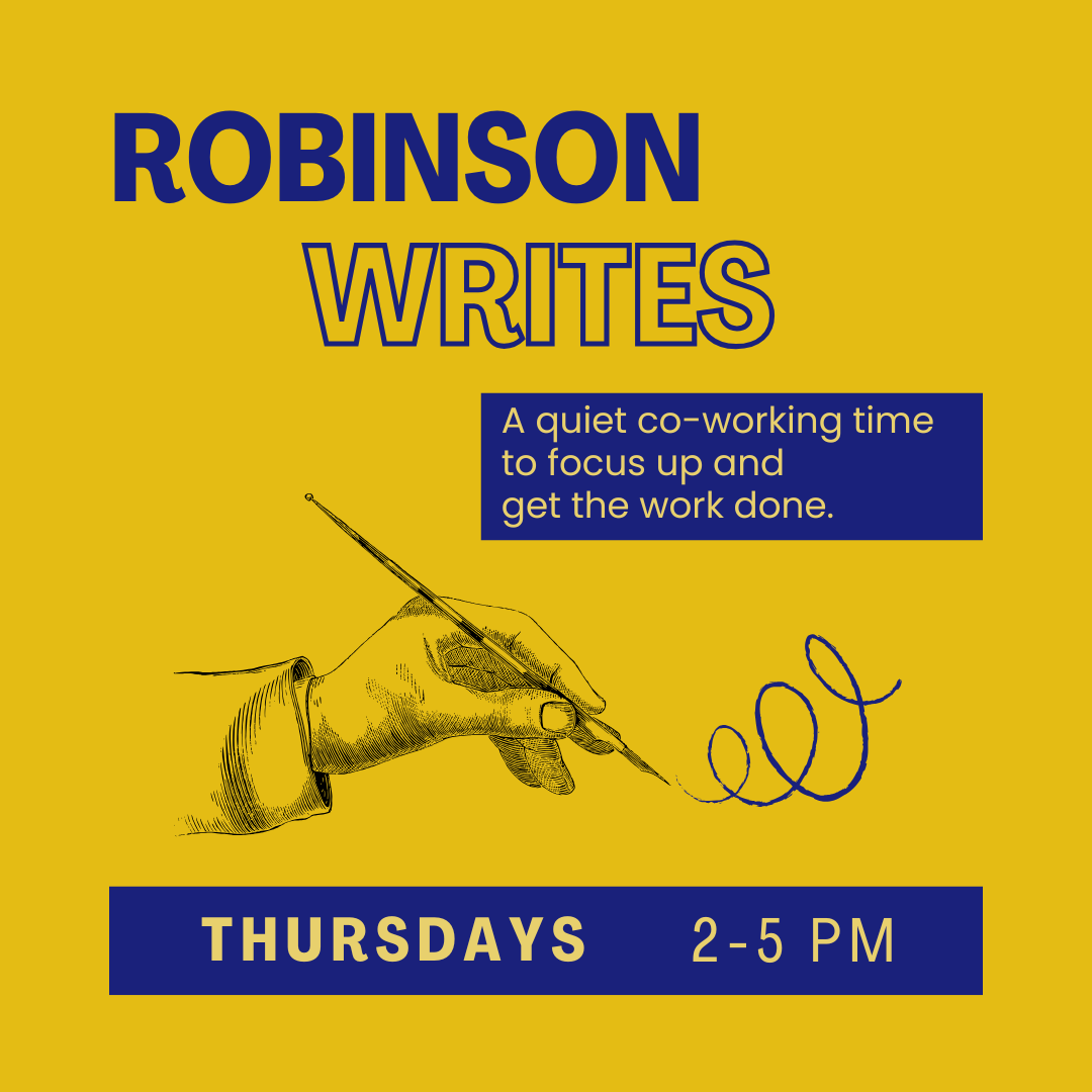 Illustration of a hand with a calligraphy pen on a yellow background. Writing in blue says "Writing Retreat: A postgraduate co-writing time to focus up and get the words down."