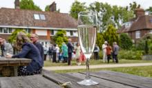 A group of guests on the lawn during a drinks reception