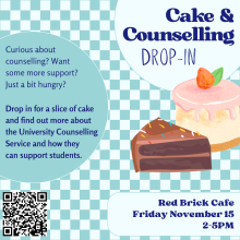 Poster for Cake & Counselling Event. Cake & counselling drop-in. Red Brick Cafe. Friday November 15. 2-5pm.