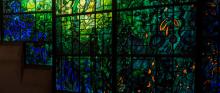 A stained glass window in the college chapel