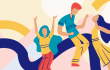 Illustration of three figures dancing with squiggly lines in blue and yellow.