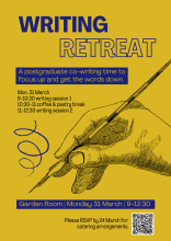 Writing retreat poster in yellow and blue with illustration of a hand writing with a calligraphy pen.
