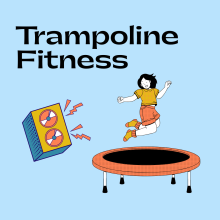 Illustration of a person jumping on a small trampoline next to a speaker playing music. Title text reads "trampoline fitness"