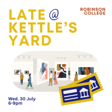 Late @ Kettle's Yard in blue and yellow with illustrations of people looking at art in a gallery. 