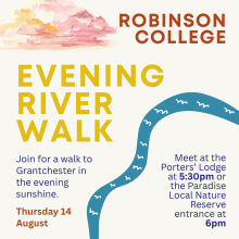 Evening river walk title with illustration of a river and sunset colored clouds.