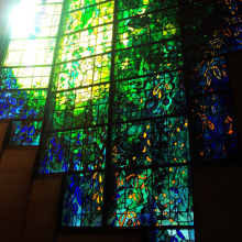 A stained glass window in the college chapel