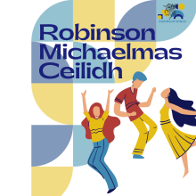 Illustration of three figures dancing with squiggly lines in blue and yellow.