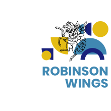 Pegasus outline in black over blue and yellow abstract shapes with Robinson Wings underneath