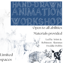 Hand-drawn animation workshop flyer with illustration of a deer.