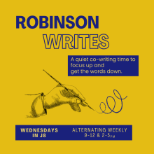 Illustration of a hand with a calligraphy pen on a yellow background. Writing in blue says "Writing Retreat: A postgraduate co-writing time to focus up and get the words down."