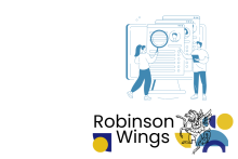 Illustration of two figures looking at listings on a page. Robinson Wings logo with Robinson crest and geometric shapes in yellow and blue.
