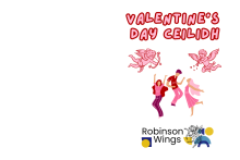 Illustration of three figures dancing with two cupids & text saying Valentine's day ceilidh.