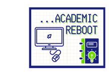 Academic reboot in blue font with illustration of a computer and a notebook.