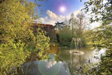 College gardens with a pond in the foreground