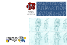 Hand-drawn animation workshop flyer with illustration of a dog.