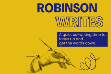 Illustration of a hand with a calligraphy pen on a yellow background. Writing in blue says "Writing Retreat: A postgraduate co-writing time to focus up and get the words down."