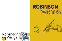 Illustration of a hand with a calligraphy pen on a yellow background. Writing in blue says "Writing Retreat: A postgraduate co-writing time to focus up and get the words down."