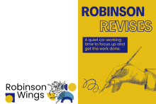 Illustration of a hand with a calligraphy pen on a yellow background. Writing in blue says "Robinson Writes: A co-working time to focus up and get the work done."
